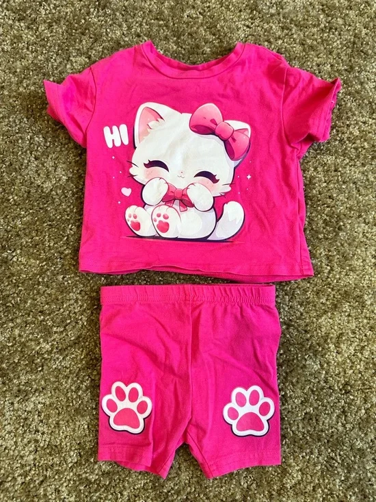 SHEIN Hot Pink Cat Graphic Two-Piece Pajama Set - Picture 1 of 4